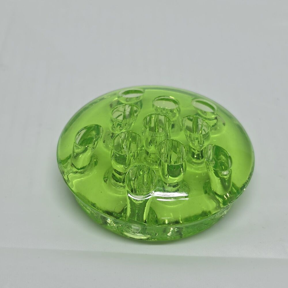 Vaseline Uranium Glass Flower Frog 11 Holes Glows UV Green Vintage 3" Diameter - Picture 6 of 10